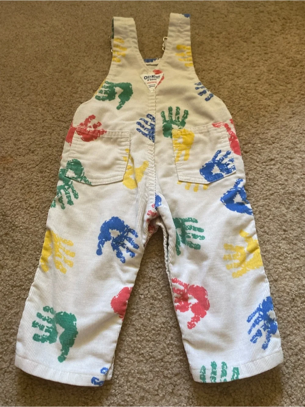 VTG 90s Oshkosh Handprint Corduroy Overalls 12 M White Vestback Made in USA